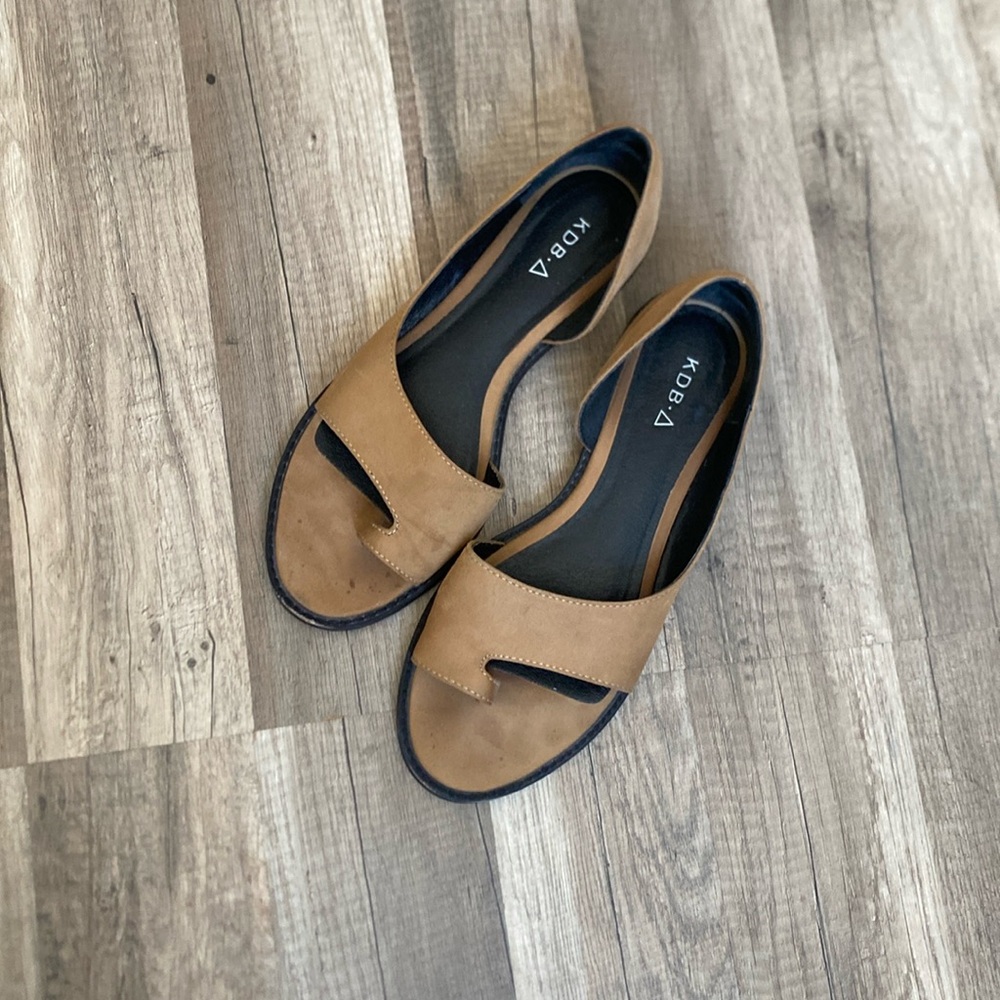 KDB Black Suede Shoes Women's 7.5 Toe Ring D'Orsay Flat Leather Sandals Open Toe